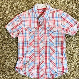 Guess Button Down Short Sleeve Plaid Shirt, boys size Small, EUC